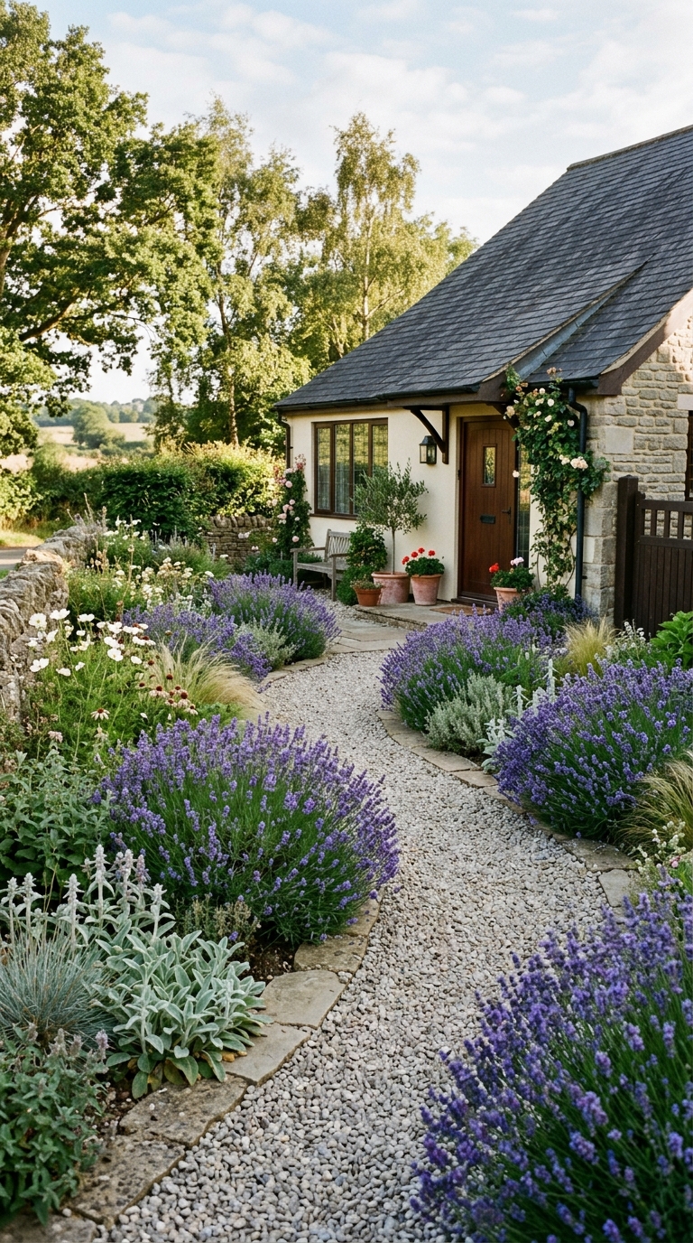 Gravel pathway landscaping idea for small front yard with lavender border
