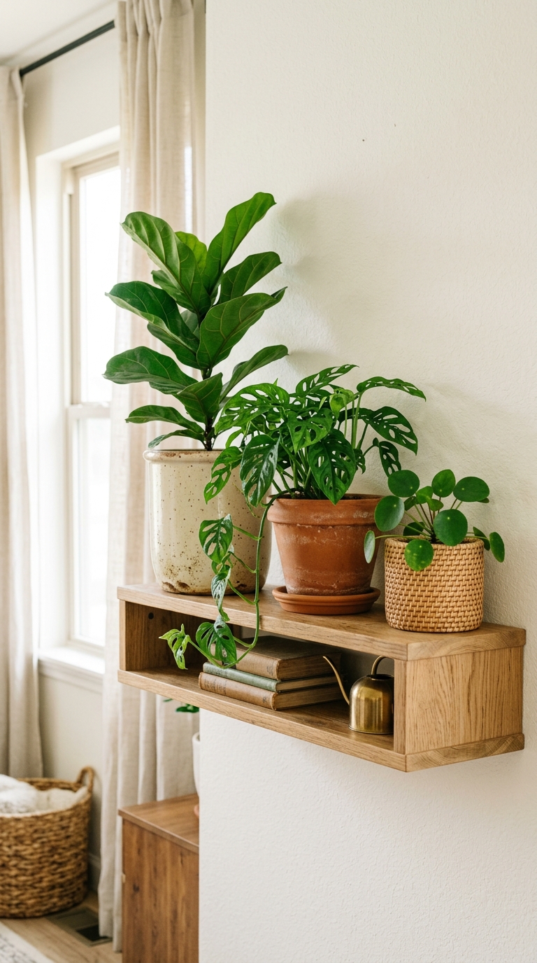 Living room shelf with three plants in mixed terracotta and ceramic pots at varied heights, warm natural light and earthy botanical styling
