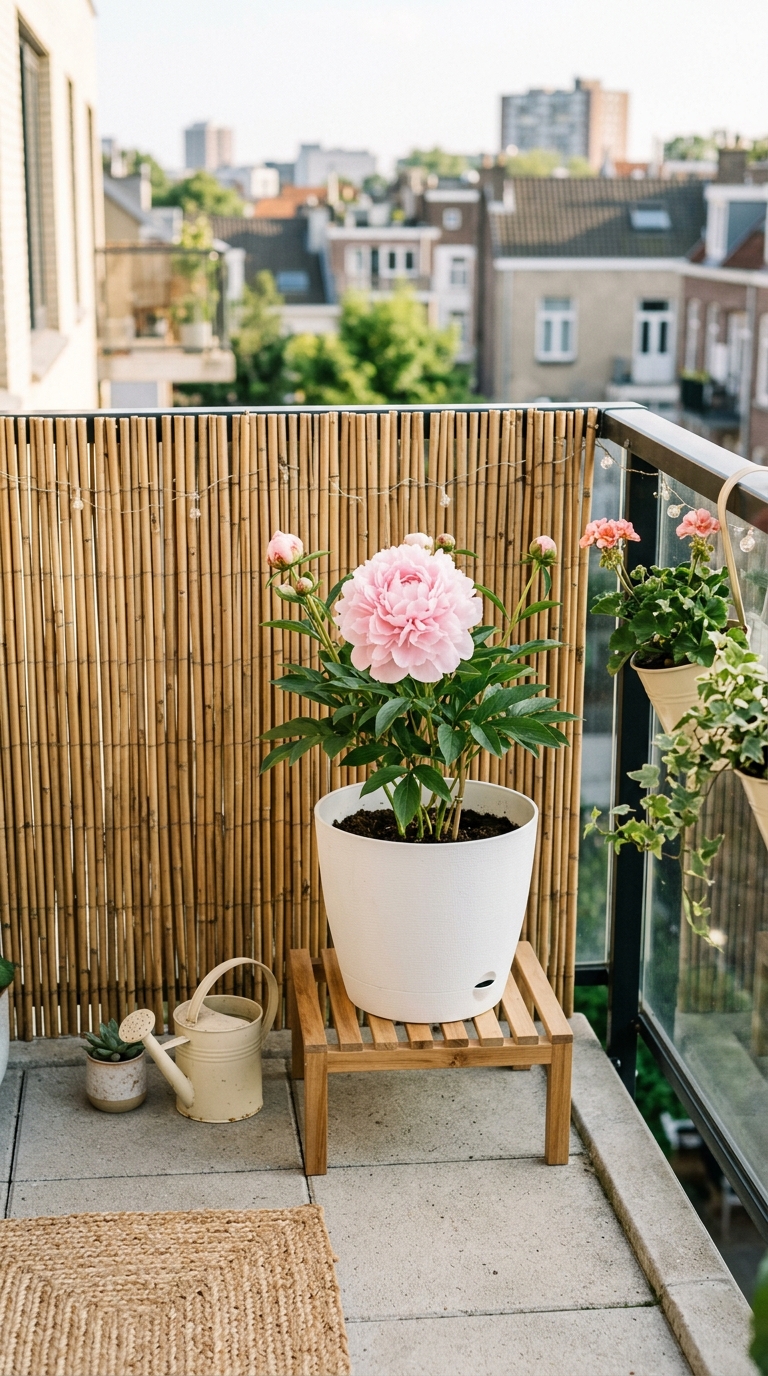 Blush pink peony in a white resin pot on a city balcony with bamboo screen showing how to grow container peonies in small spaces