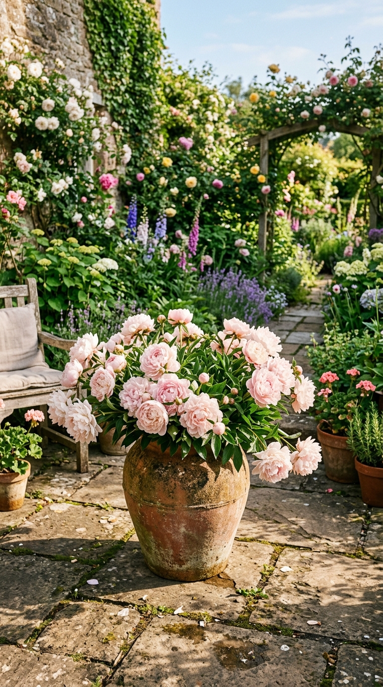 Large terracotta pot with blush pink peony blooms on a sunny stone patio showing successful container peony growing.
