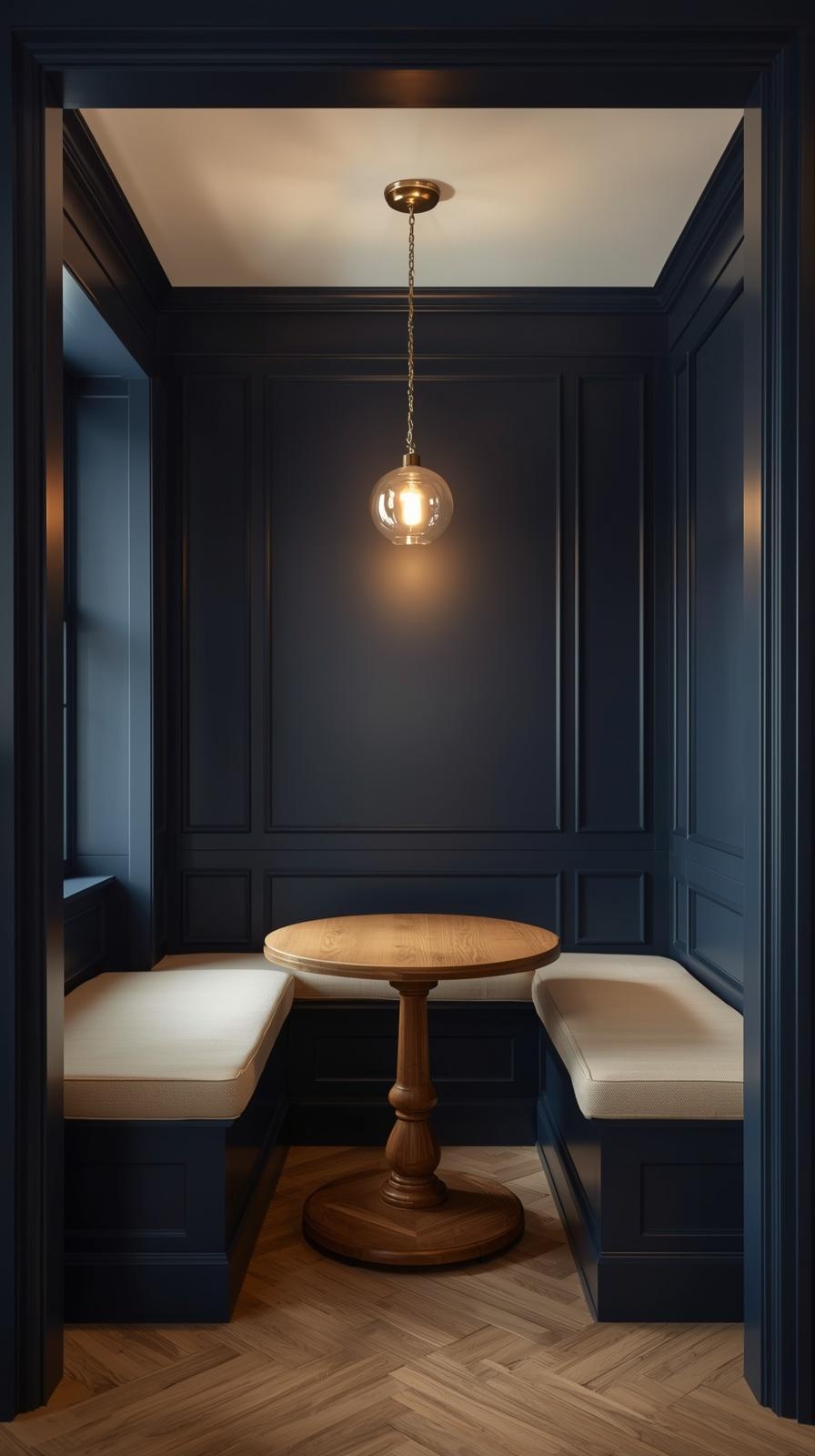 Moody Hague Blue breakfast nook with built-in bench, cream cushion, and brass pendant light
