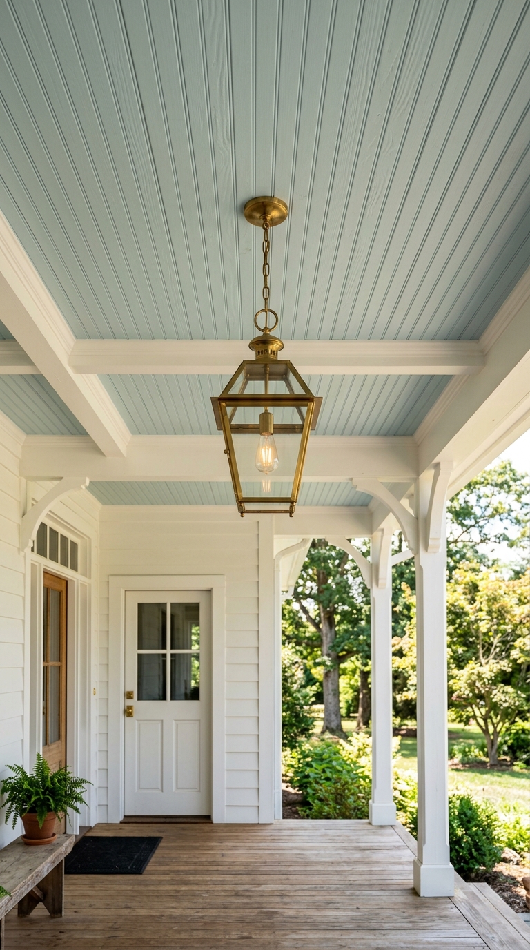 Pale blue beadboard ceiling with brass lantern on a farmhouse front porch