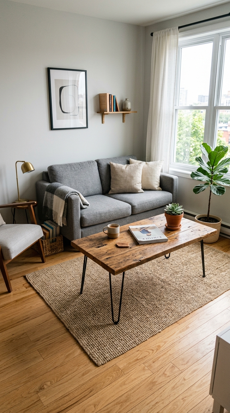 Minimalist hairpin leg coffee table in compact apartment living room with light wood floor