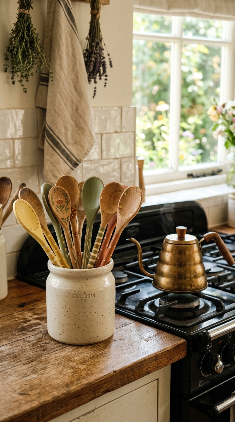 Hand-painted wooden spoons in summer tones in a cream stoneware crock beside the kitchen range