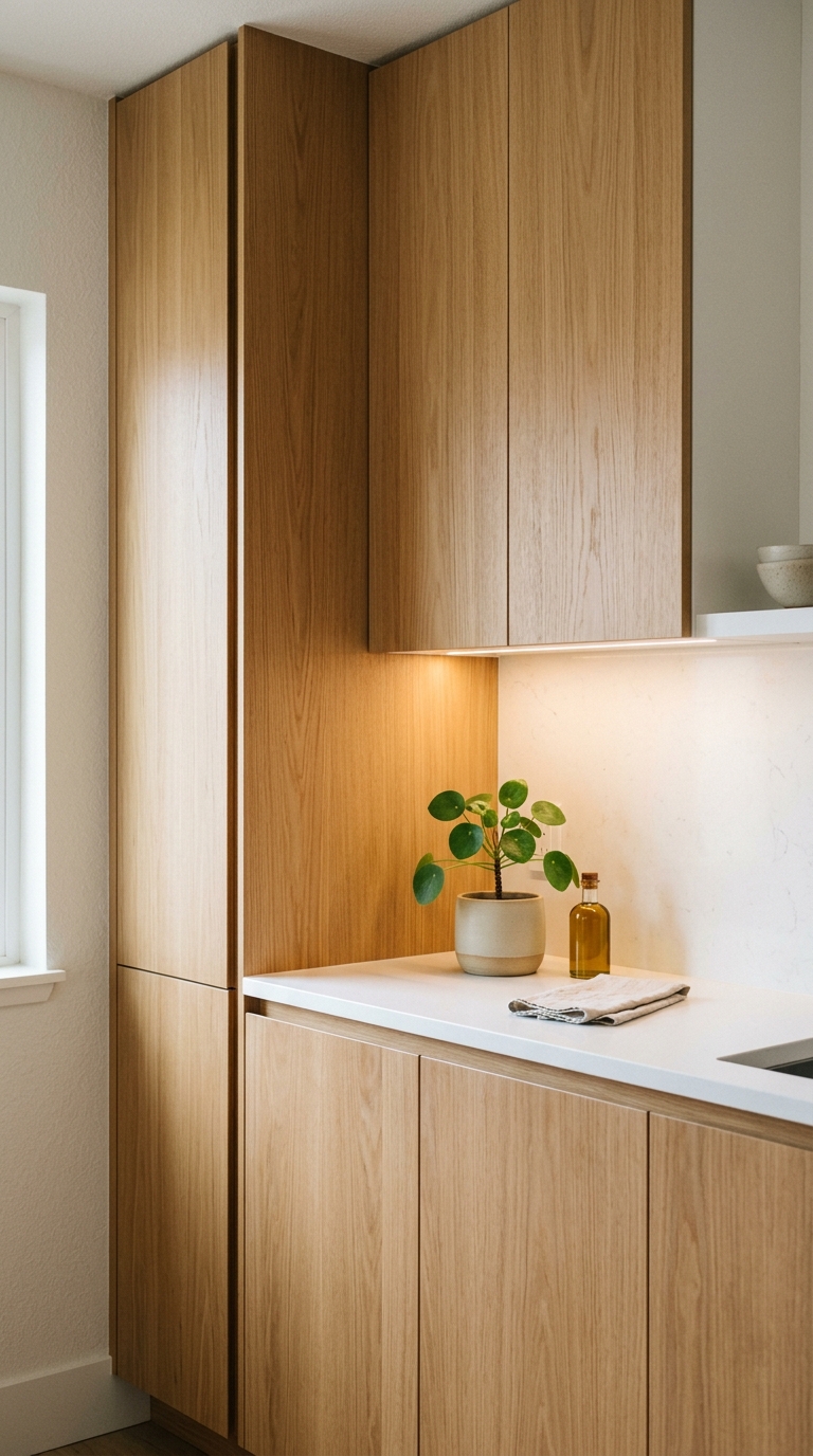 Handleless white oak kitchen cabinets with white countertop and warm under-cabinet lighting in a minimalist modern kitchen
