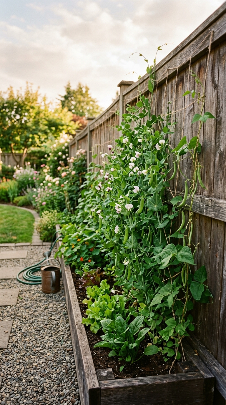Narrow strip bed along a fence in a small potager garden