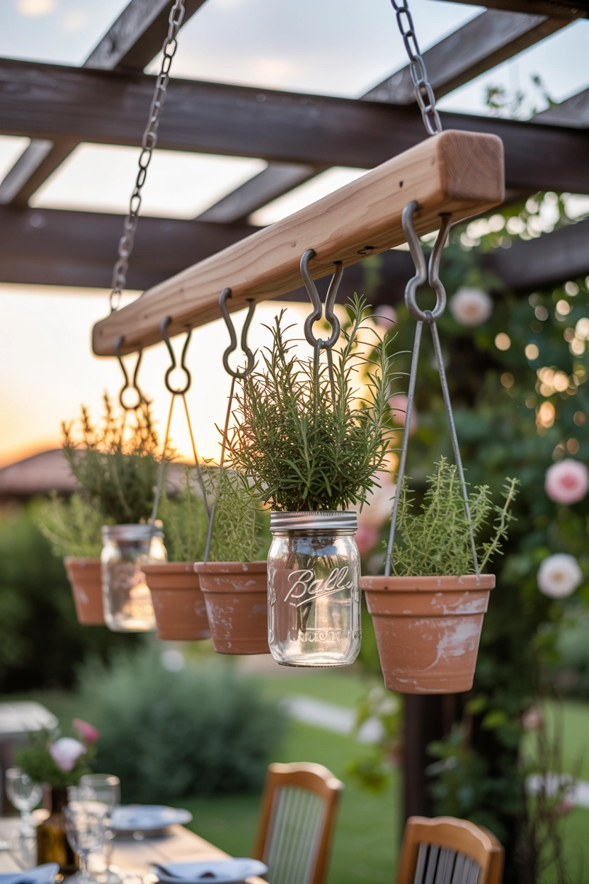Horizontal wooden ladder herb garden hanging from pergola ceiling with mason jar planters and trailing rosemary
