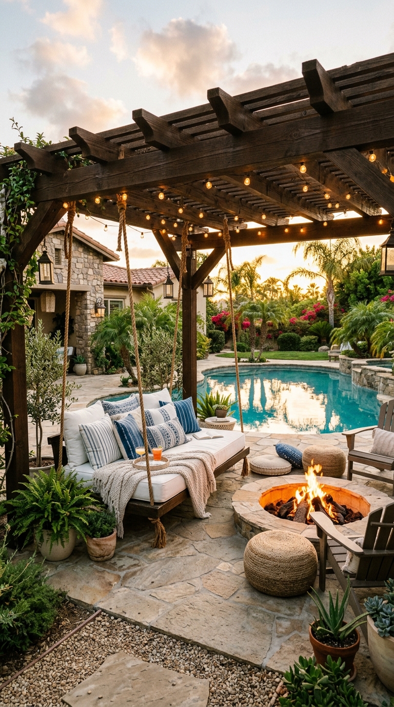 Sunken fire pit idea with hanging daybed and pergola near pool