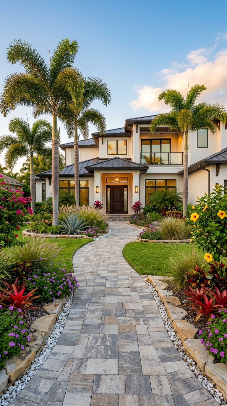 Modern Florida front yard landscaping with heat-tolerant plants and a stone walkway.