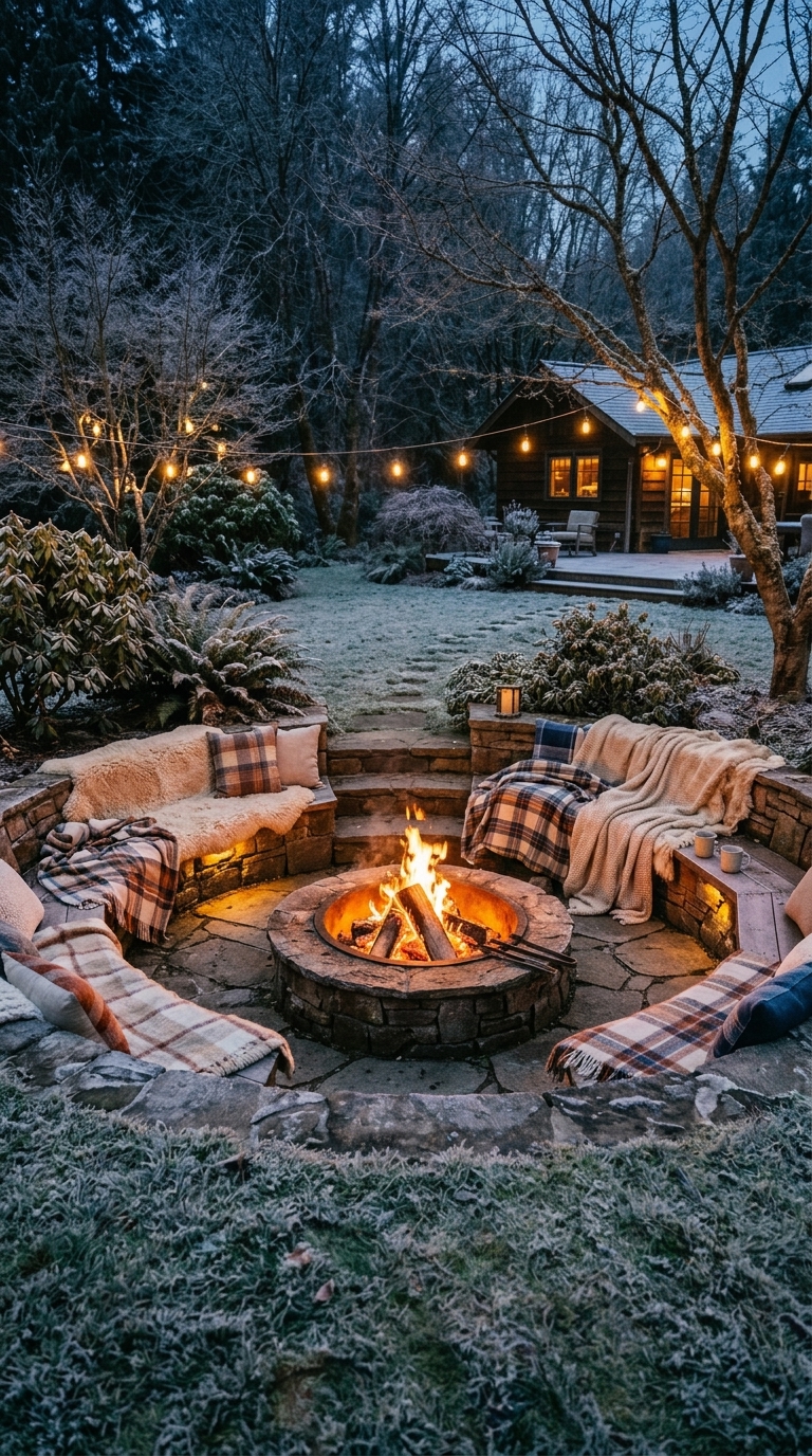 Sunken fire pit idea with heated bench seating for year-round use