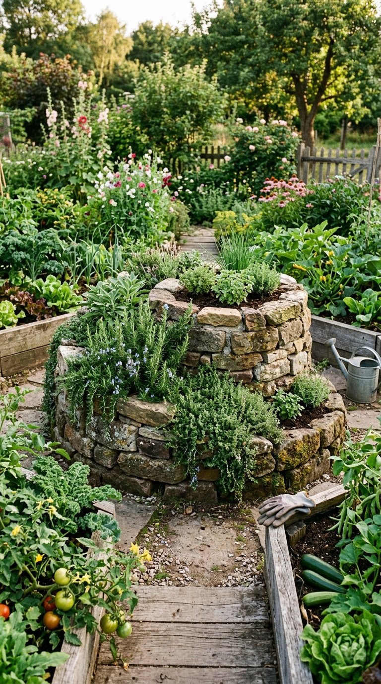 Herb spiral anchor layout in a potager garden