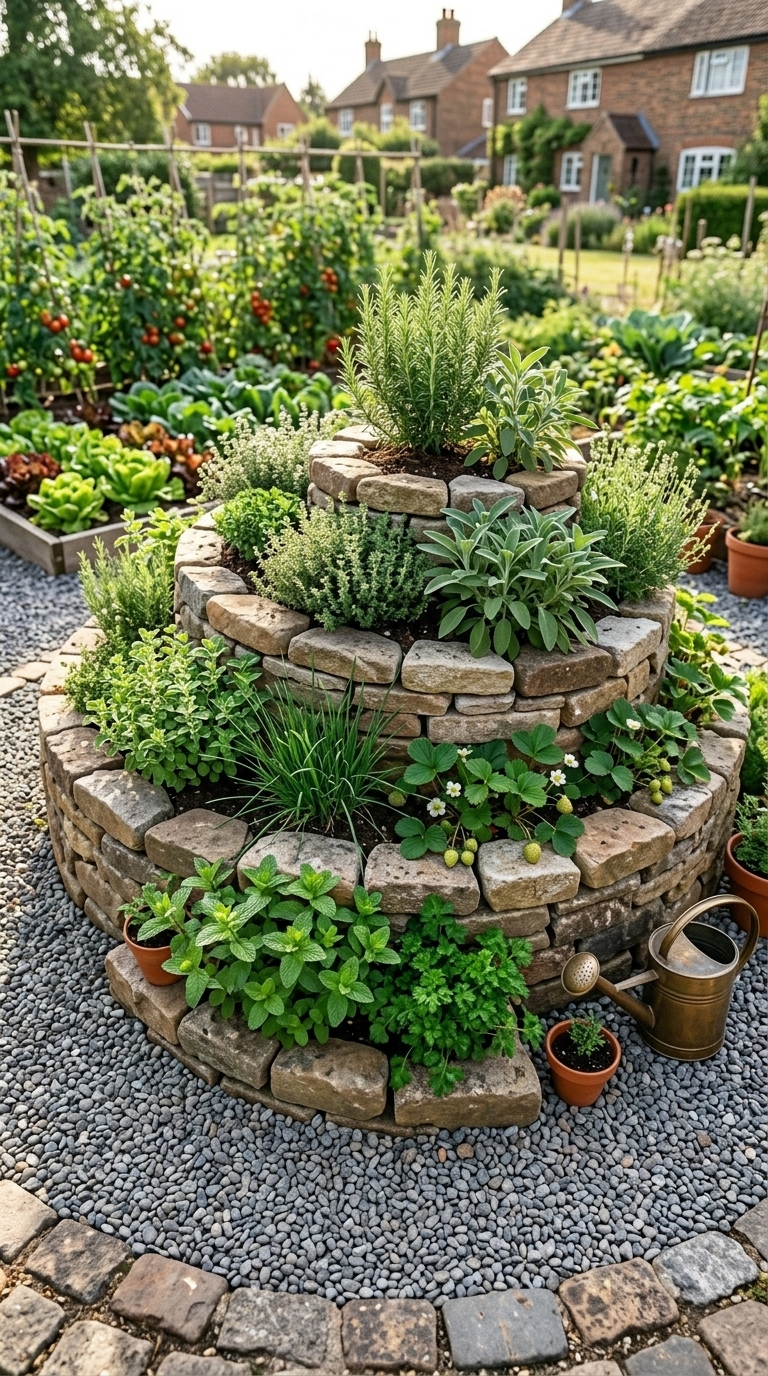Stone herb spiral potager garden planted with rosemary, thyme, sage, and strawberries in a small urban garden space