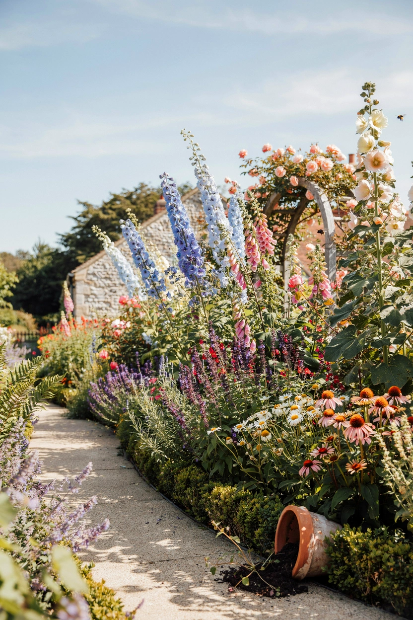 Colorful Herbaceous Cottage Garden Border Filled With Seasonal Flowers