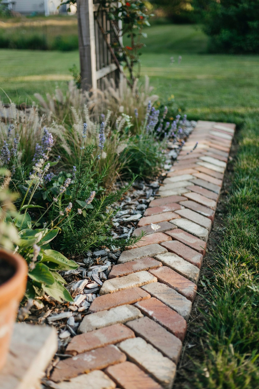 Herringbone pattern brick garden edging strip creating a decorative two-tone border along a wide flower bed