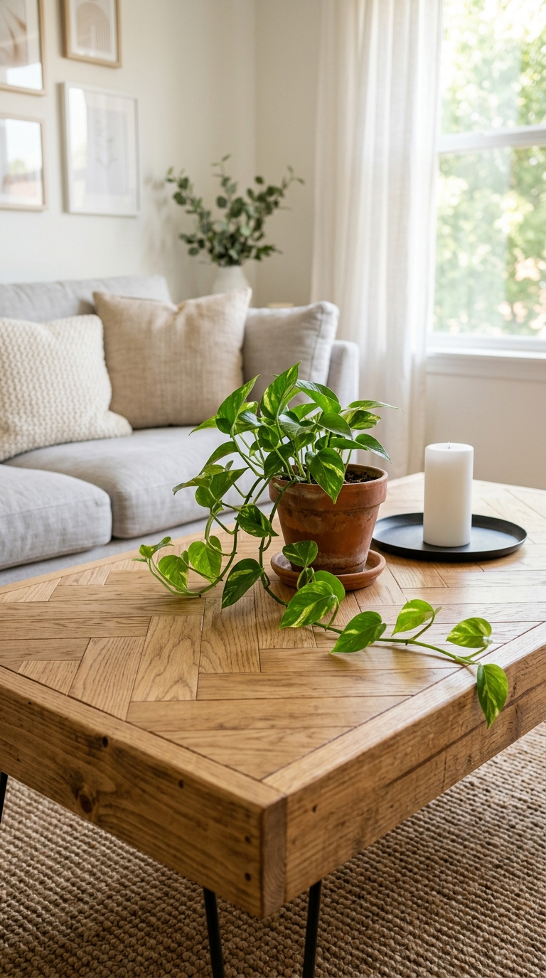 DIY pallet coffee table with herringbone wood pattern top in light oak stain, styled with trailing plant and white candle