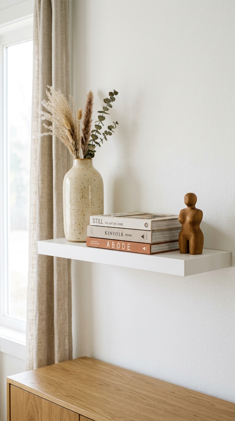 Living room shelf styled with alternating horizontal and vertical books, small ceramic decor on top of book stack