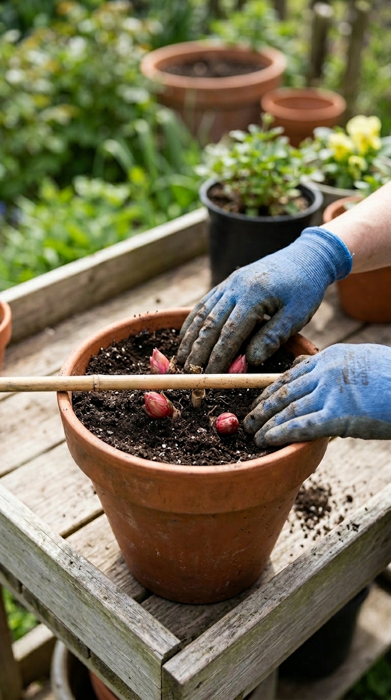 Peony bare root being planted at correct shallow depth in a container with eyes just below soil level for successful blooming