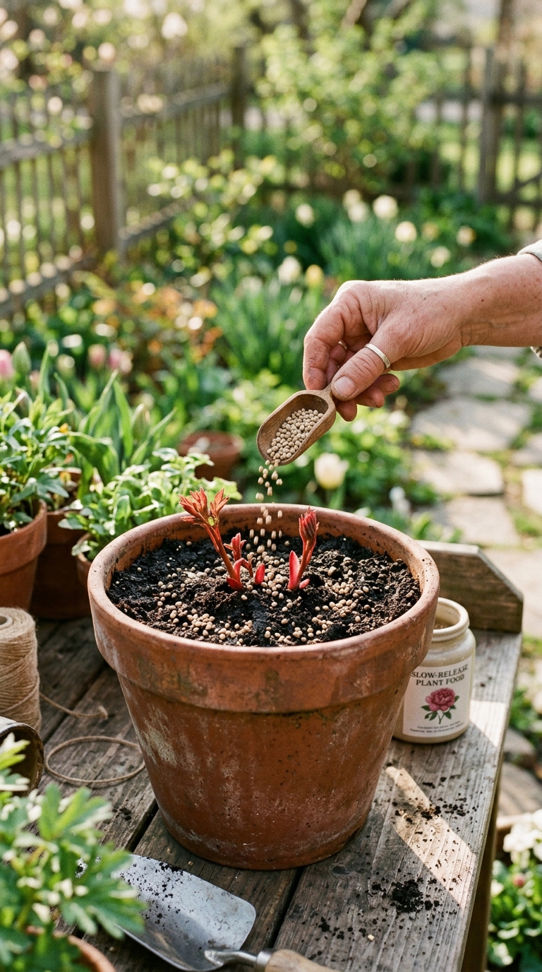 Hand applying granular fertiliser around the base of a potted peony with emerging red shoots showing spring feeding for container peonies