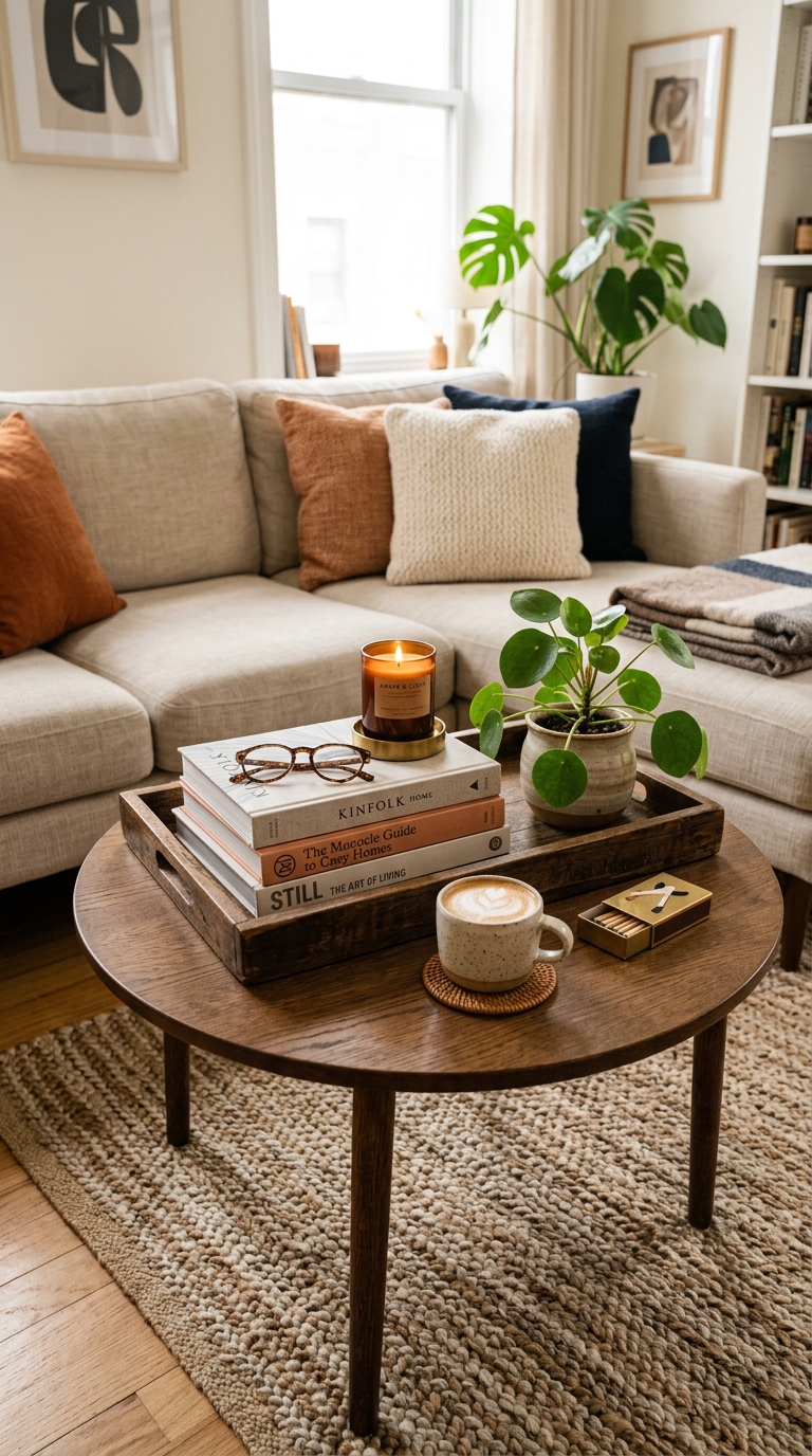 Professionally styled small coffee table in compact apartment with tray books, candle and plant