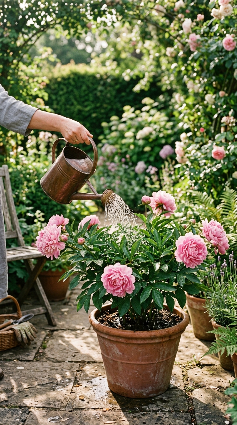 Watering can with rose head watering a container peony on a stone patio showing correct watering technique for potted peonies