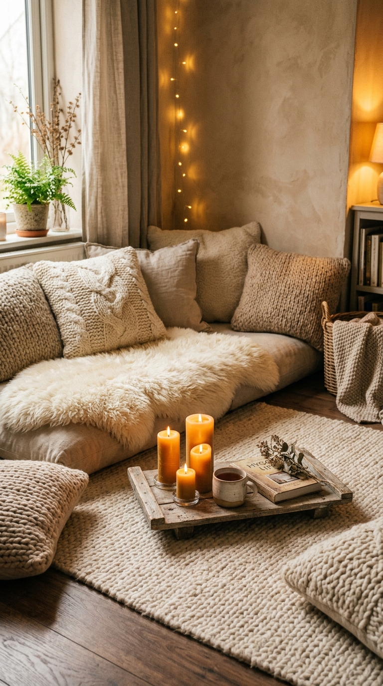 Hygge floor seating corner with faux fur throws, chunky knits, and candles in a warm, cozy living room