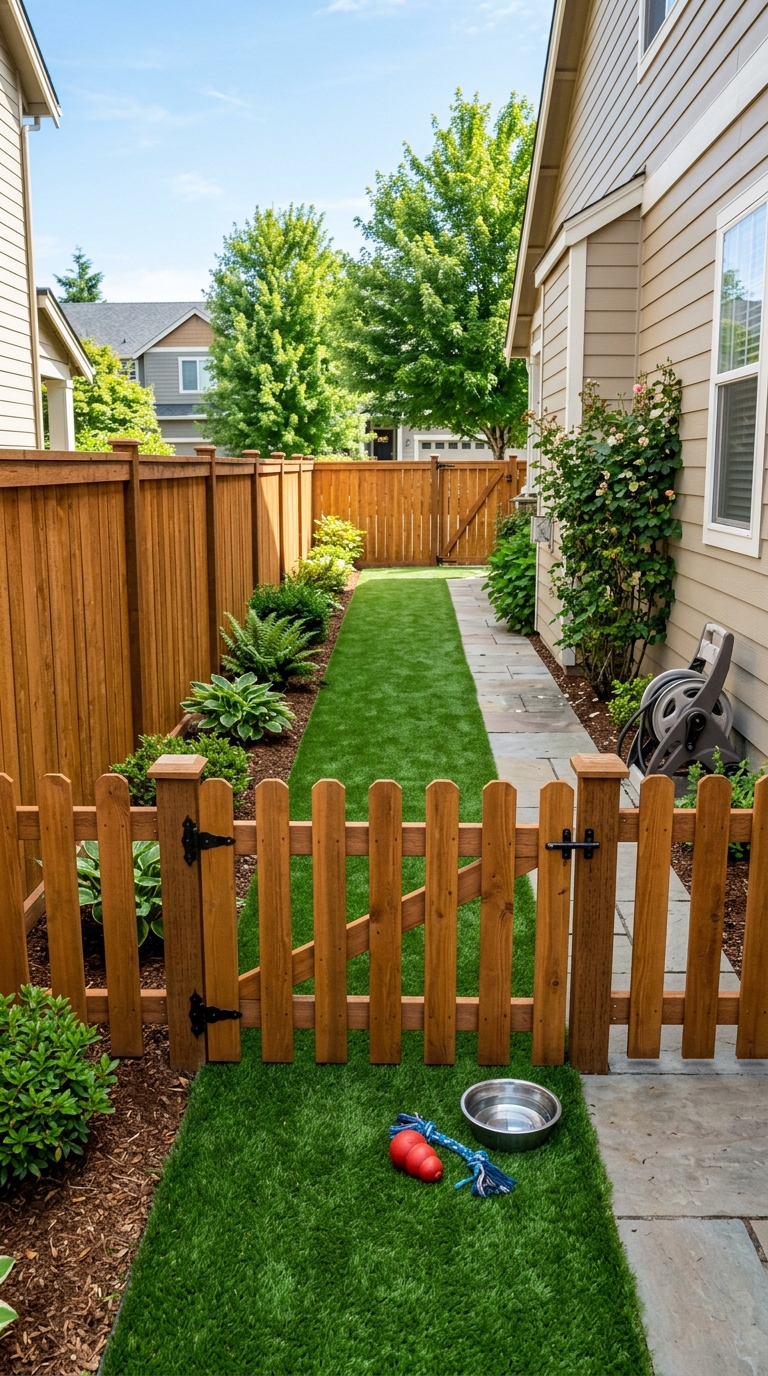 Small side yard dog run idea with artificial turf and wooden gate
