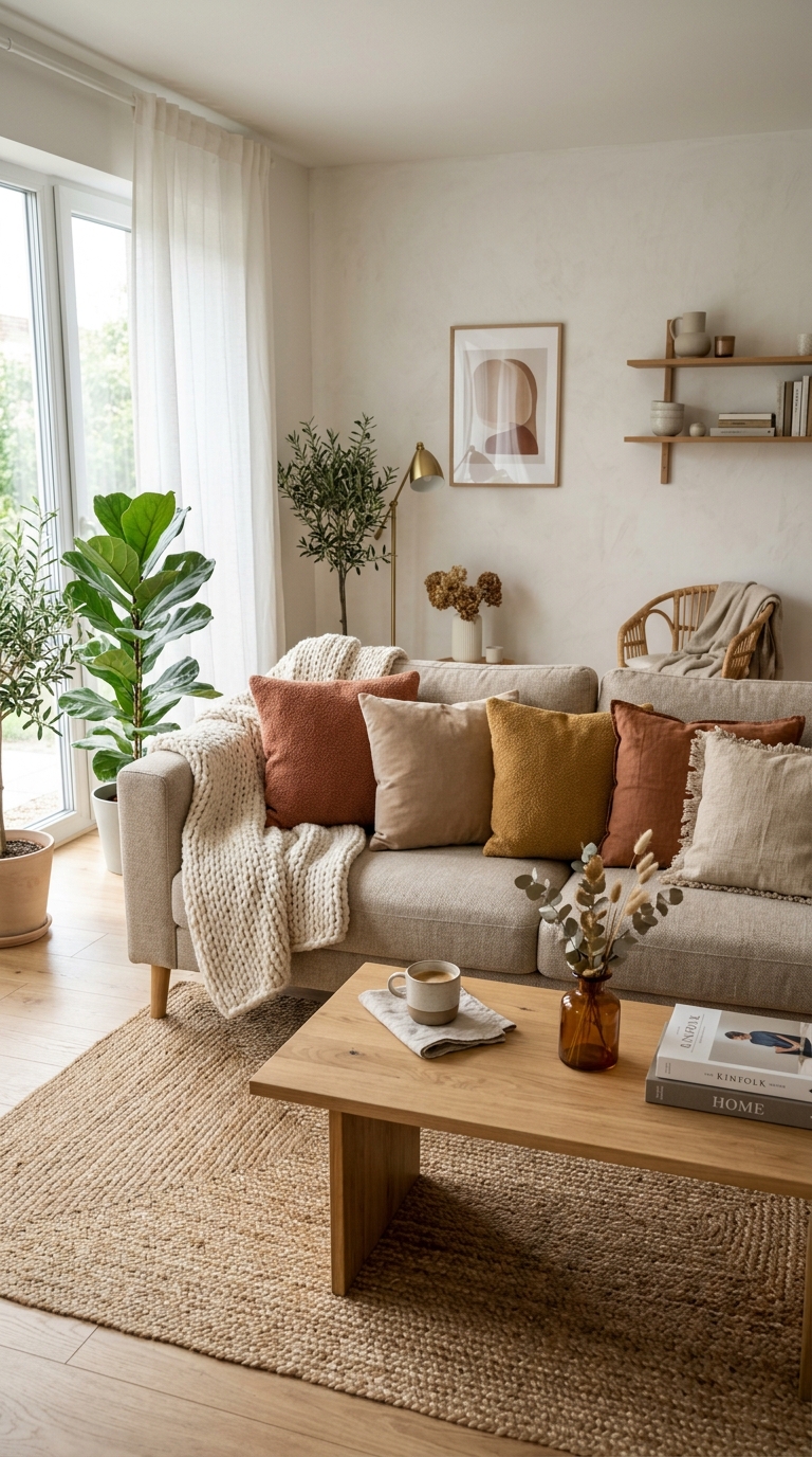 IKEA ÄPPLARYD sofa styled with boucle velvet and linen cushions in a warm contemporary living room