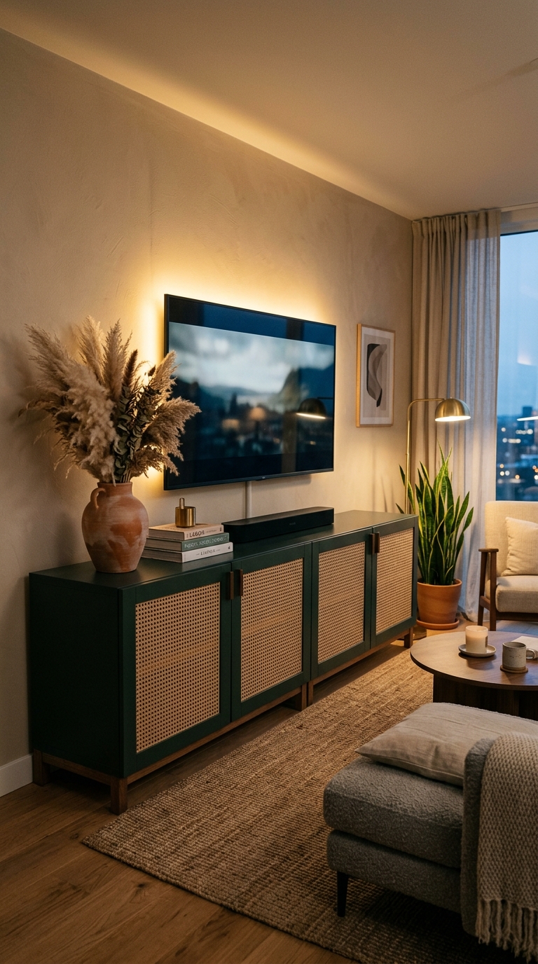 IKEA BESTÅ TV unit with cane door upgrade in dark green styled in a modern living room with LED lighting