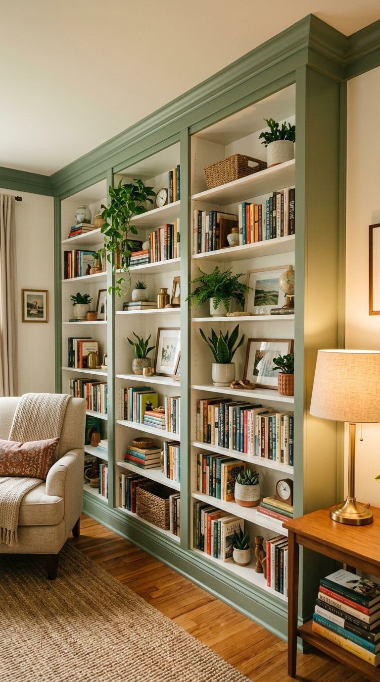 KEA BILLY bookcases styled as built-in bookcase wall in sage green with books plants and warm lamp light