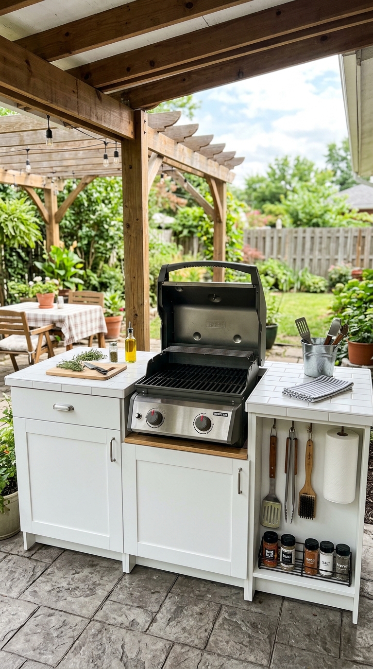 Budget DIY outdoor grill station built using painted IKEA cabinets with tile countertop on a covered back patio
