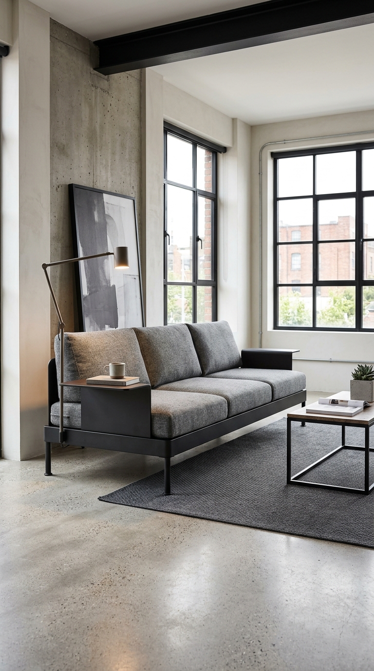 IKEA DELAKTIG modular sofa system with integrated side table and lamp in a modern minimalist living room