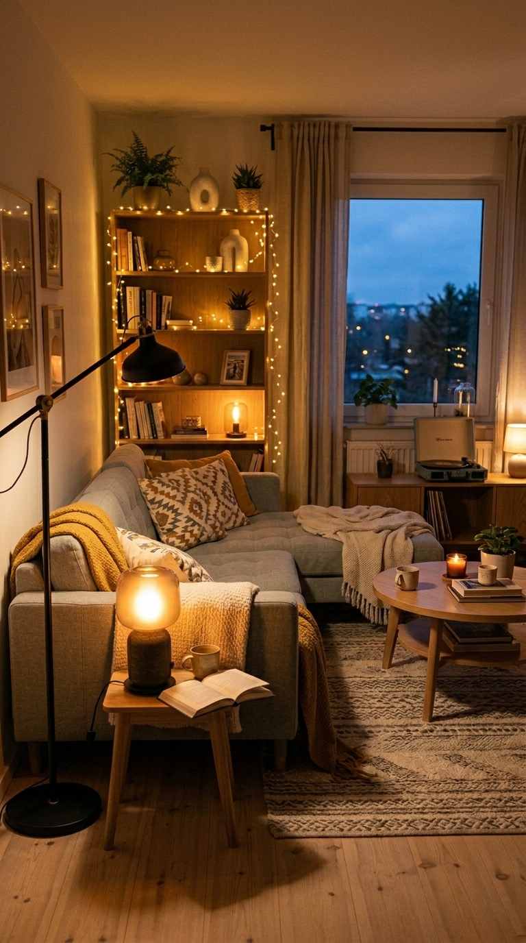 IKEA RANARP floor lamp and layered warm lighting creating a cozy atmosphere in a Scandinavian living room