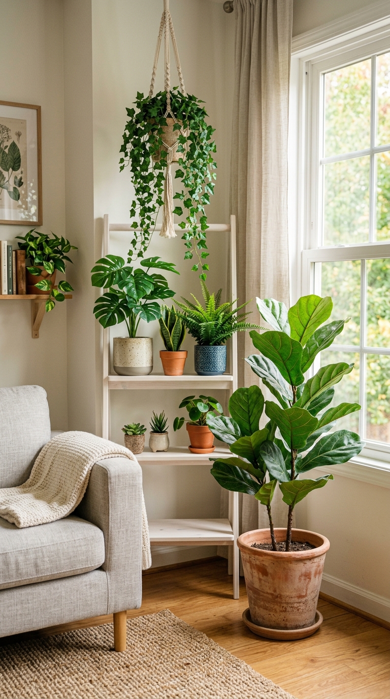 IKEA FEJKA artificial plants styled in terracotta and ceramic pots at varying heights in a warm modern living room