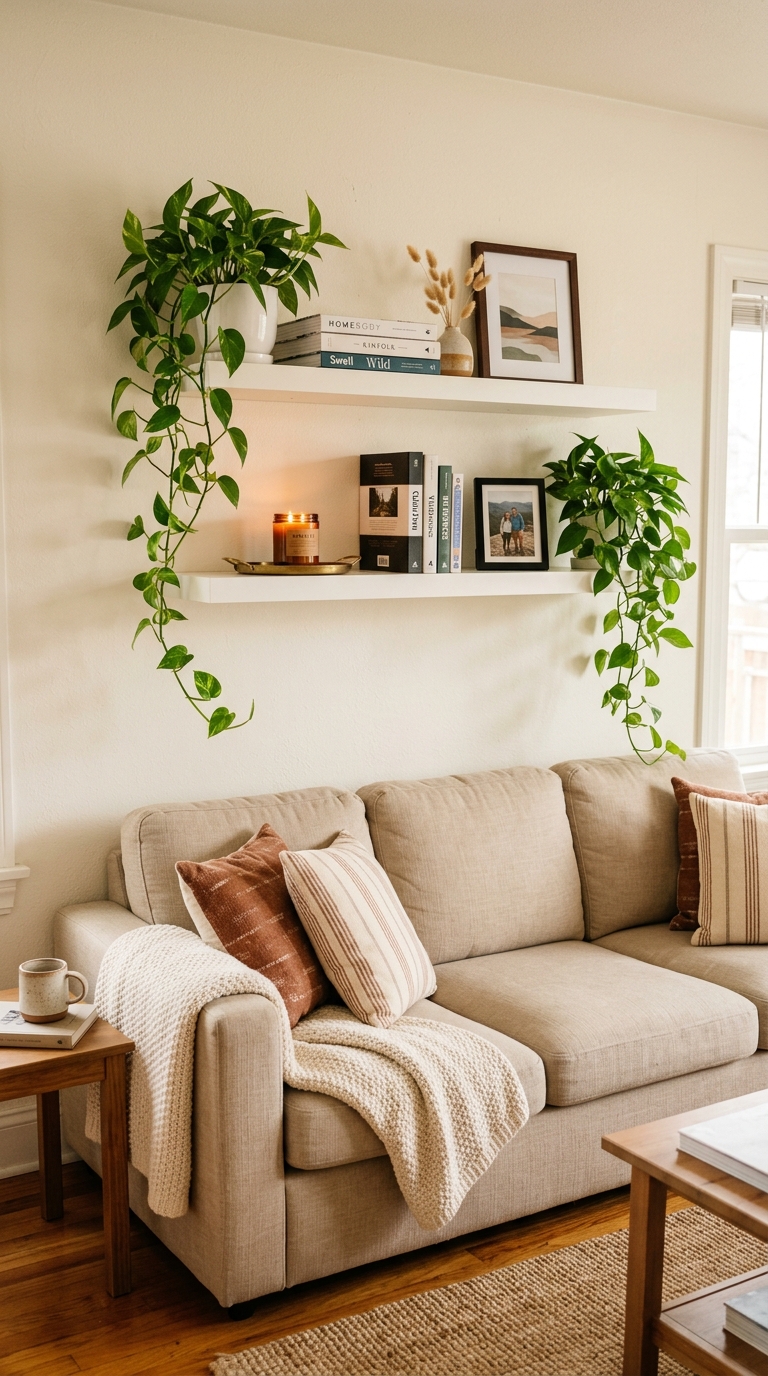 IKEA floating shelves above sofa styled with plants books and candle in a cozy warm living room