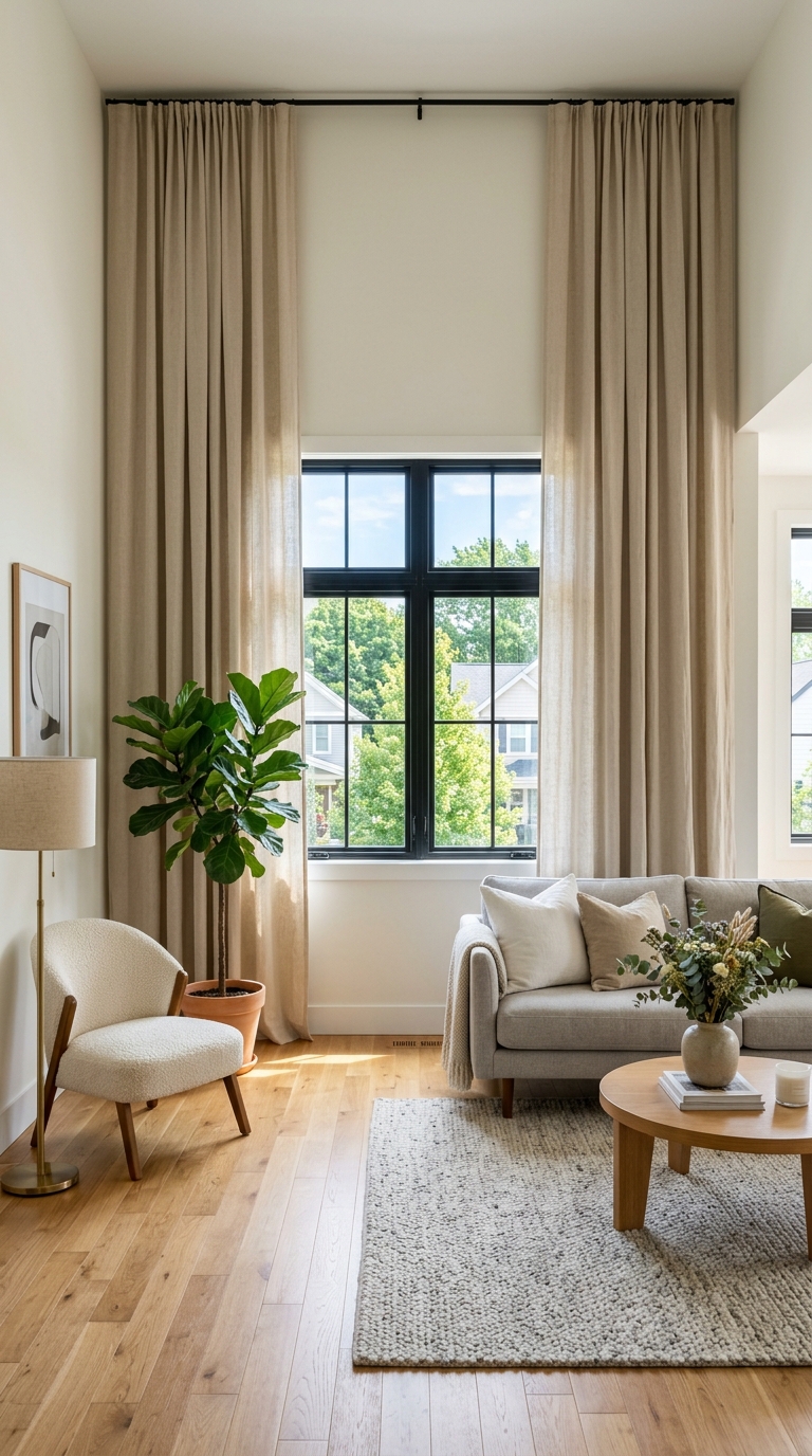 Floor to ceiling IKEA linen curtains hung from ceiling height in a bright, airy living room, making the space feel larger