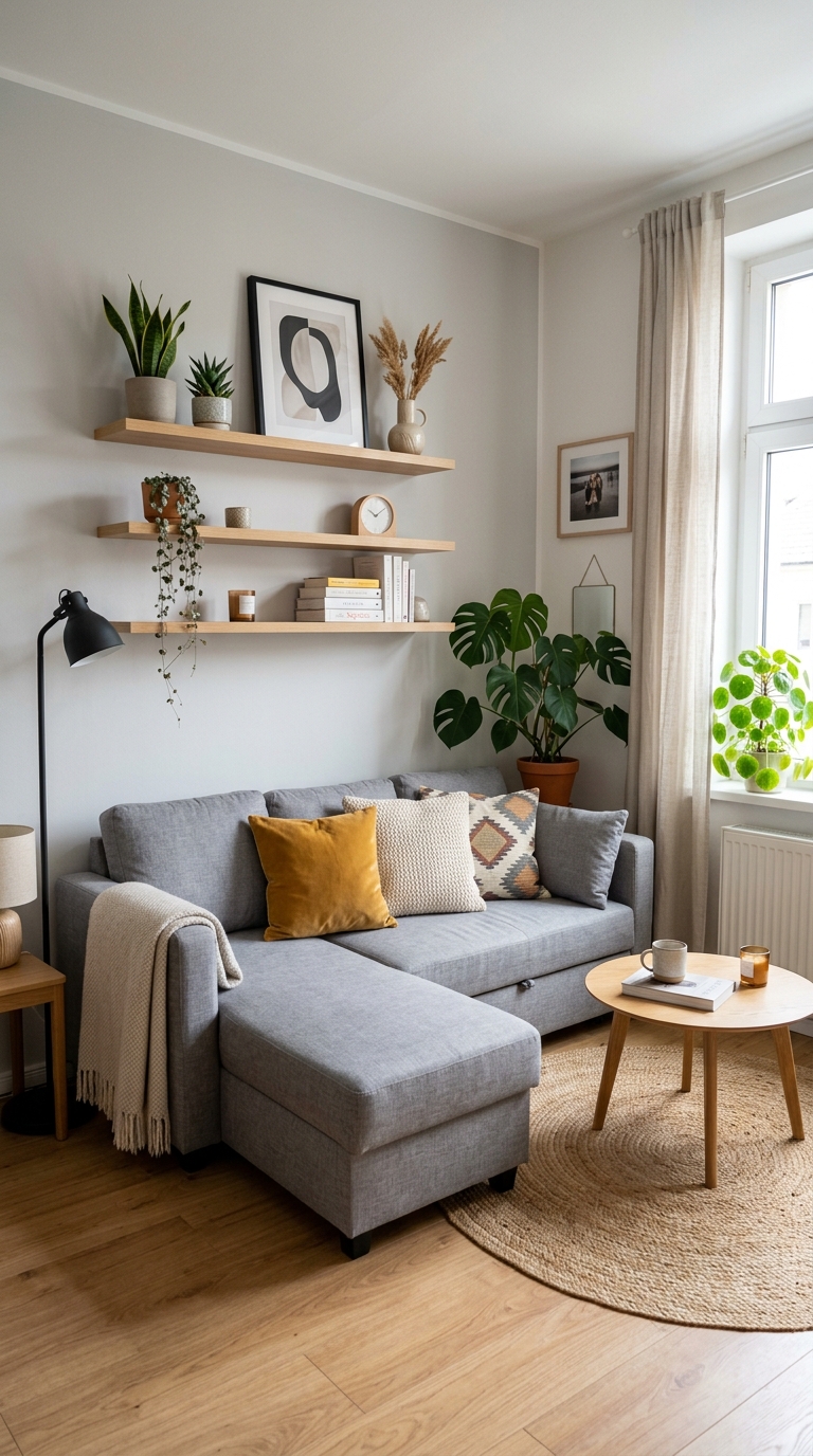 IKEA FRIHETEN sofa bed styled in grey linen with cushions and throw in a small modern living room