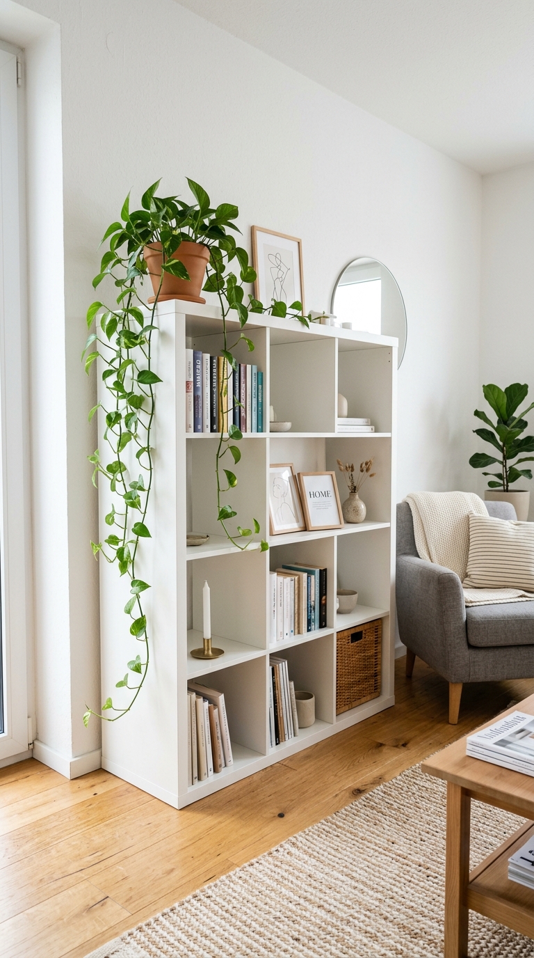 IKEA KALLAX shelving unit styled as gallery wall with plants books and art in a bright Scandinavian living room