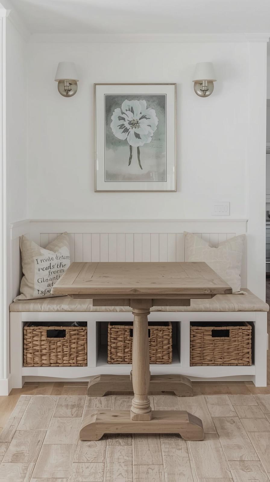udget breakfast nook built from IKEA Kallax units with painted shiplap front and linen cushion