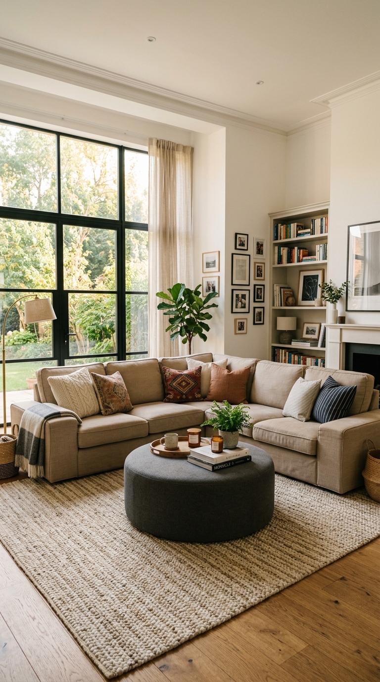IKEA KIVIK sectional sofa in beige linen with large rug and ottoman in a cozy, spacious living room