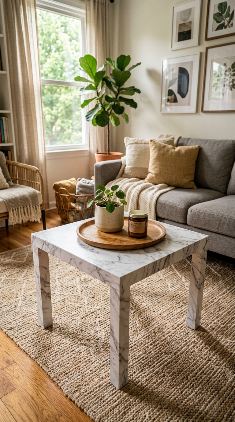 IKEA LACK coffee table with marble film hack styled with wooden tray, candle, and plant in a cozy living room