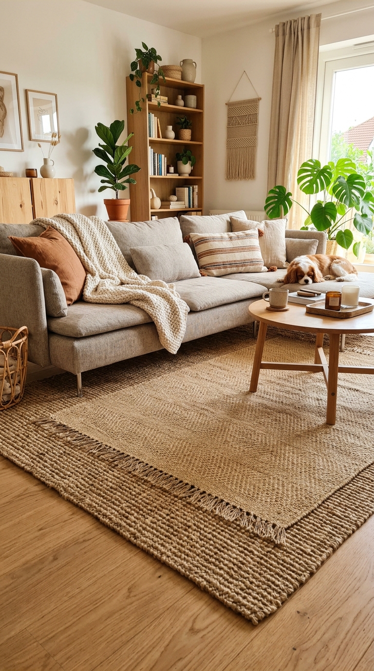 KEA LOHALS rug layered over jute rug in a warm cozy Scandinavian boho living room