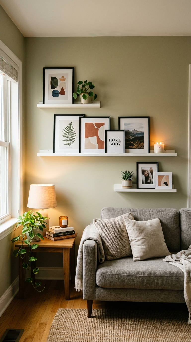 IKEA MOSSLANDA picture ledges with staggered art prints and plants creating gallery wall in a modern living room