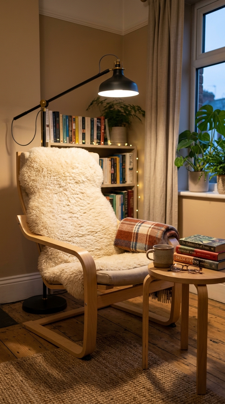 IKEA POÄNG chair with sheepskin and floor lamp in a cozy reading corner living room setup
