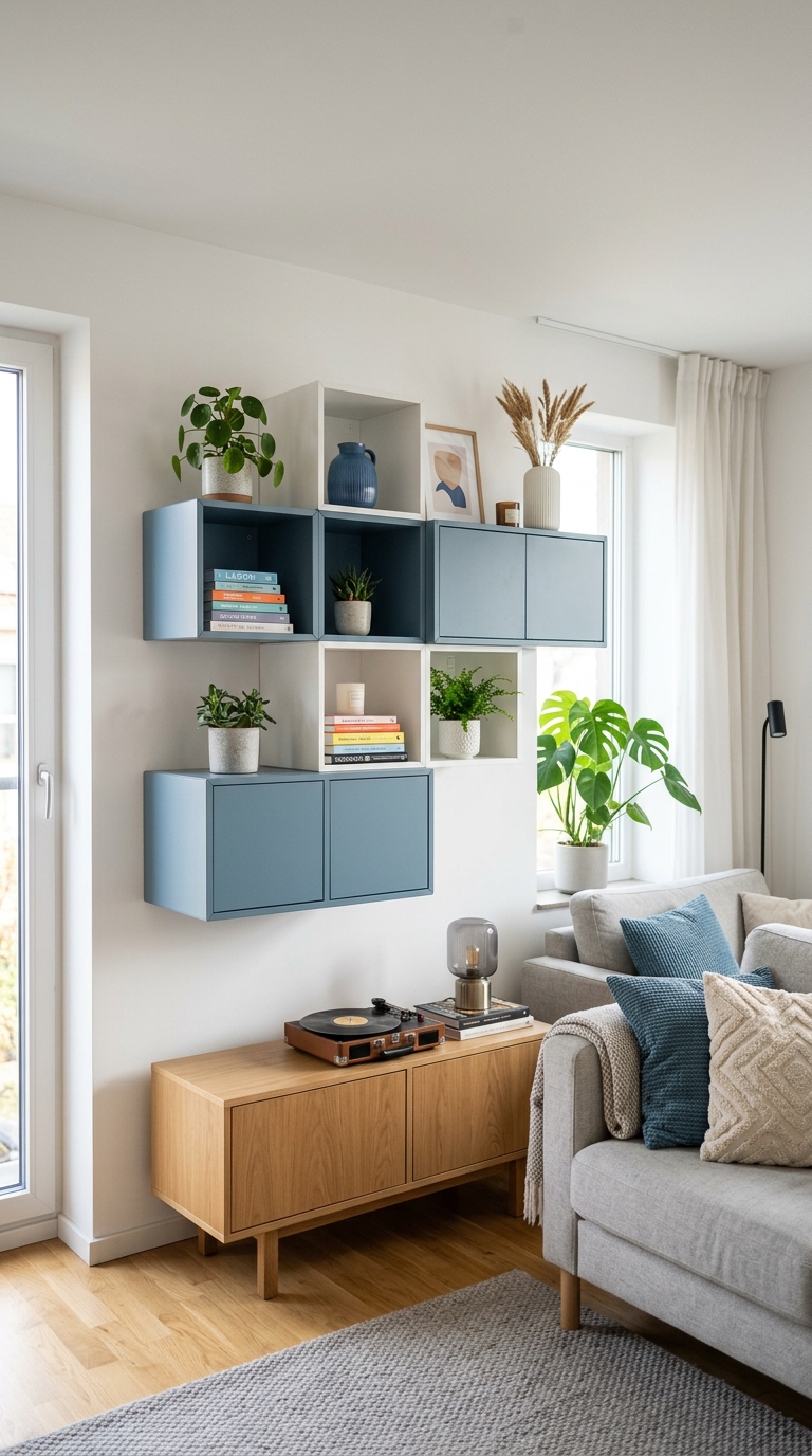 IKEA RANARP floor lamp and layered warm lighting creating a cozy atmosphere in a Scandinavian living room