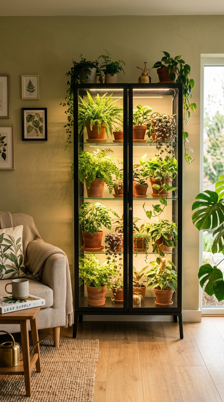 IKEA RUDSTA glass cabinet styled as indoor plant display in a modern living room with trailing plants and grow light