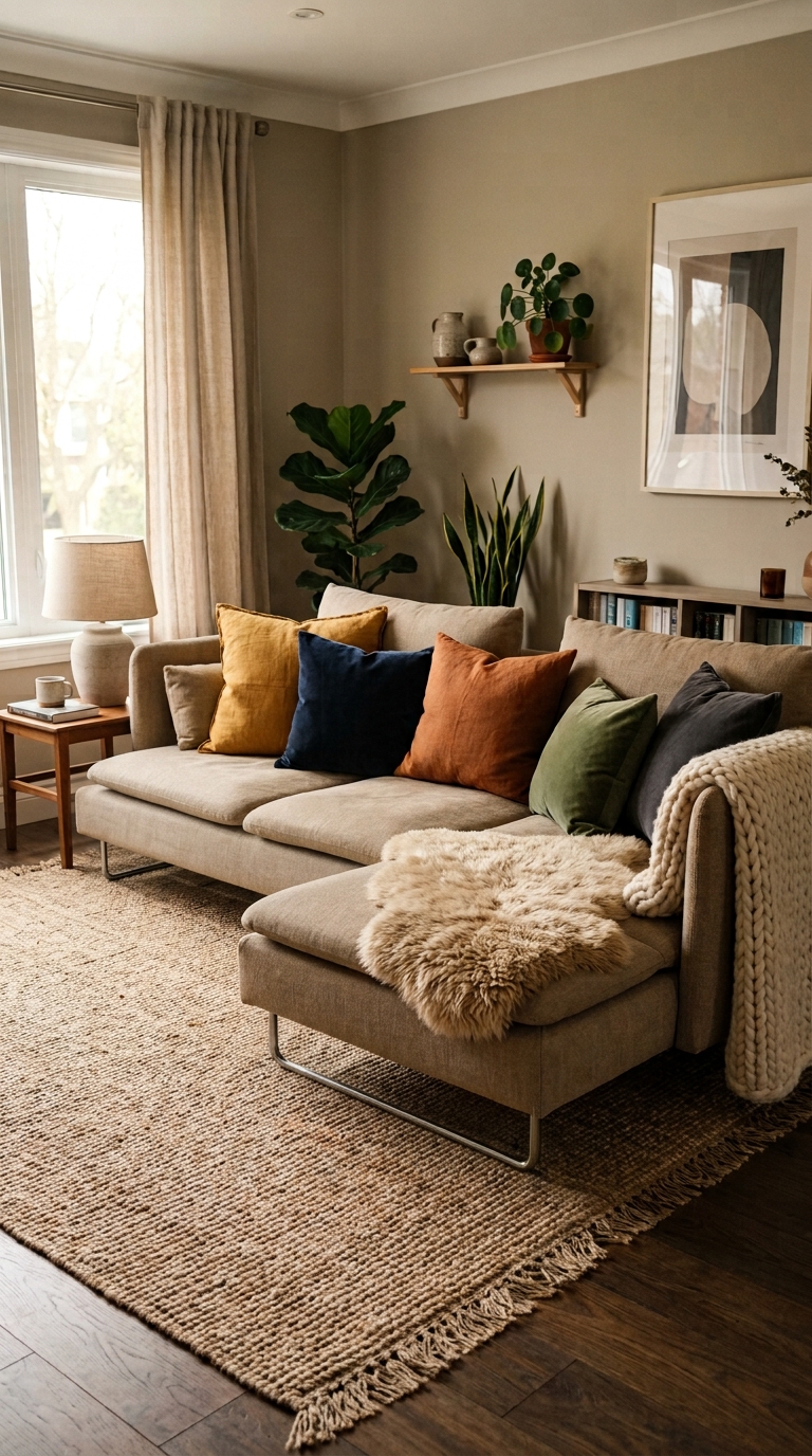IKEA SÖDERHAMN low profile sofa styled with mixed cushions, chunky throw, and sheepskin in a cozy living room