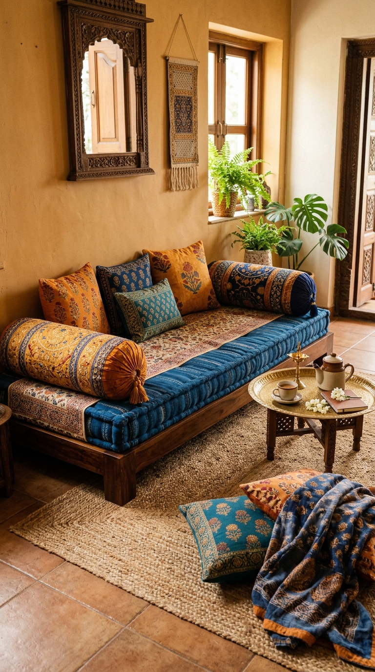 Indian style diwan floor seating with embroidered cushions brass tray, and rich warm colors in a cozy living room