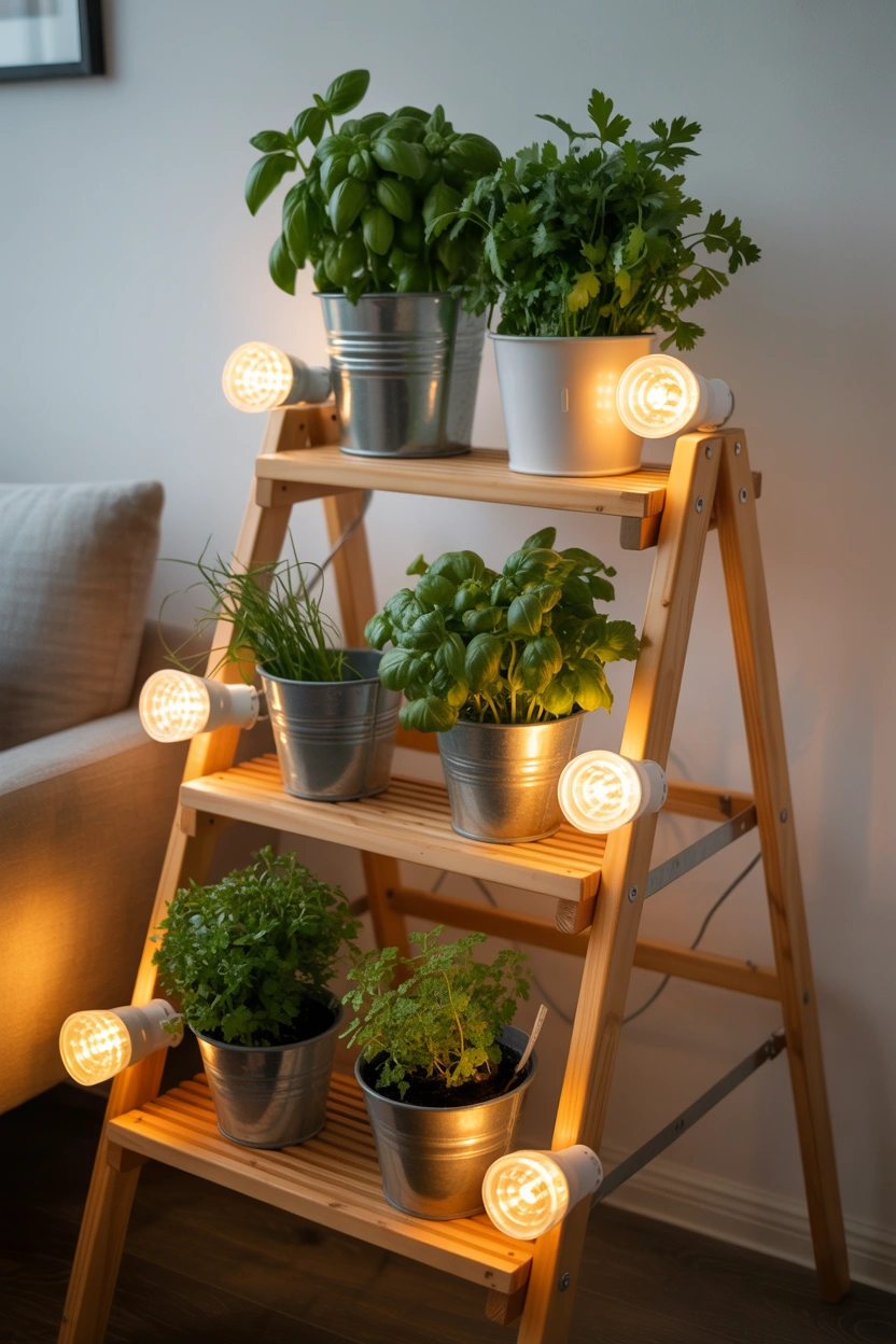 Indoor ladder herb garden with grow lights for year-round basil, cilantro, and parsley growing