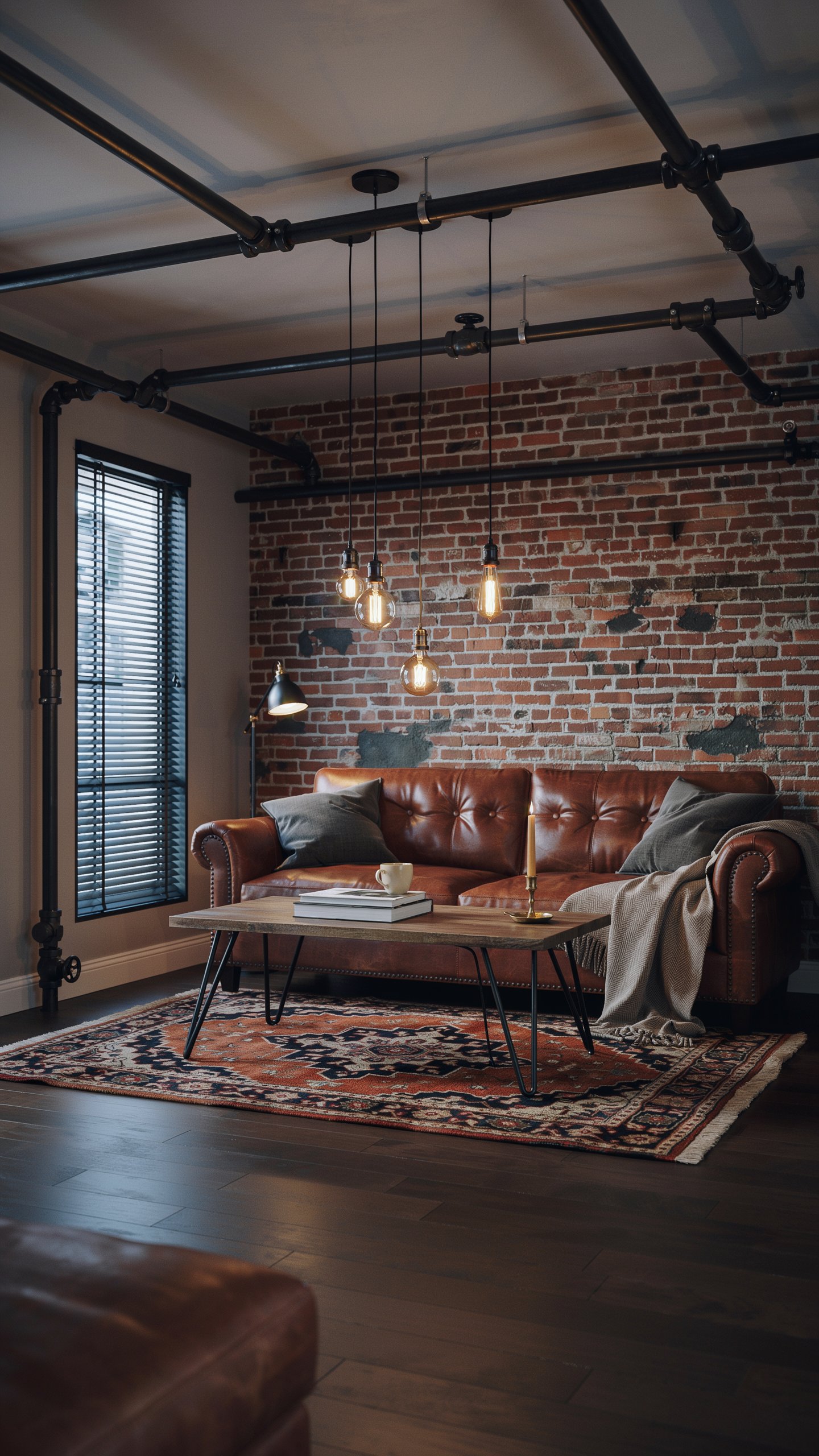 industrial basement living room with exposed black pipes, brick accent wall, leather sofa, and Edison bulb lighting