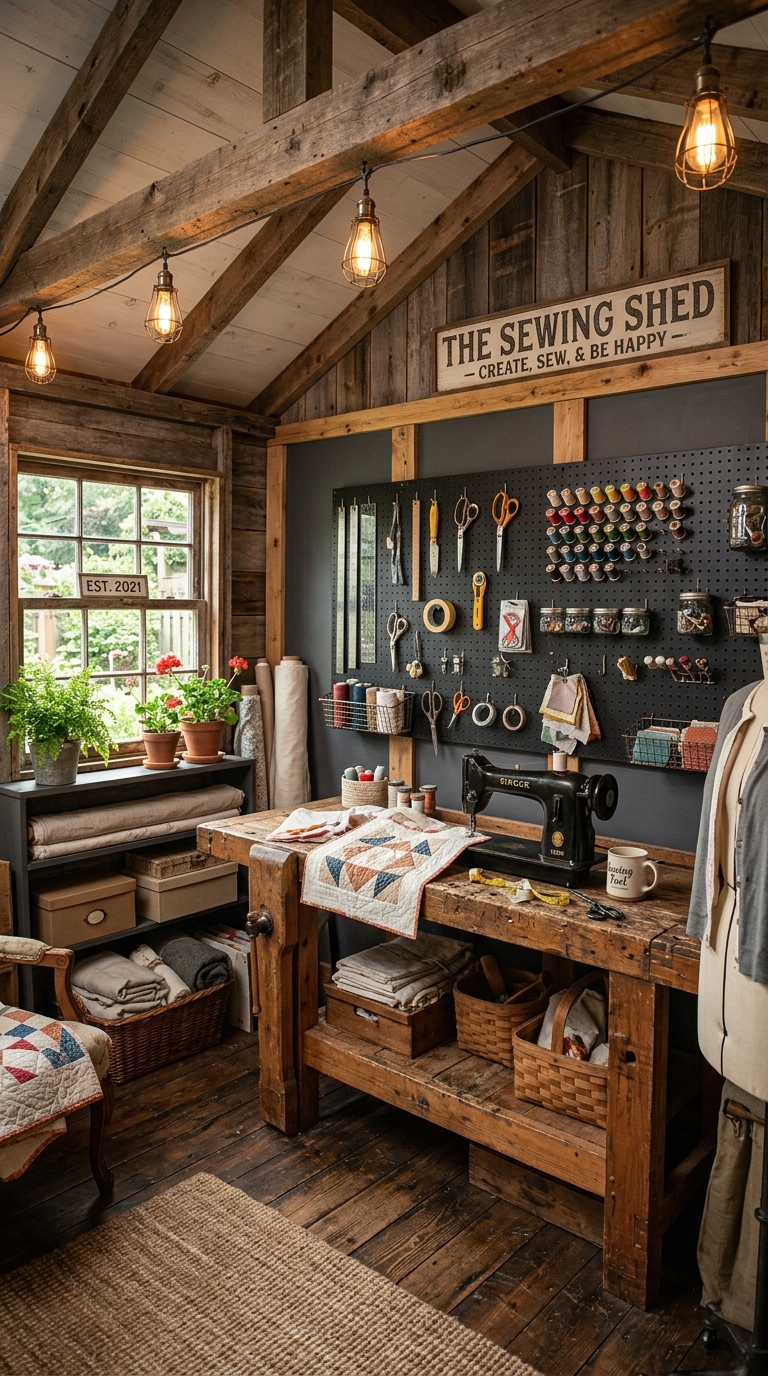Industrial farmhouse sewing she shed idea using a repurposed workbench